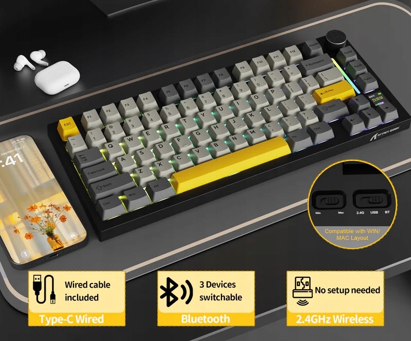 Podświetlenie RGB South-Facing oraz łączność bezprzewodowa w Attack Shark X820 ULTRA.